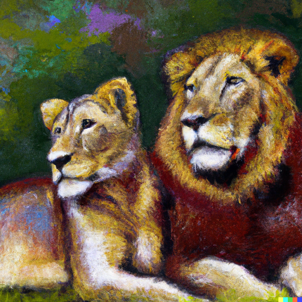 Ein impressionistisches Ölbild eines Löwenpaares - erzeugt per KI